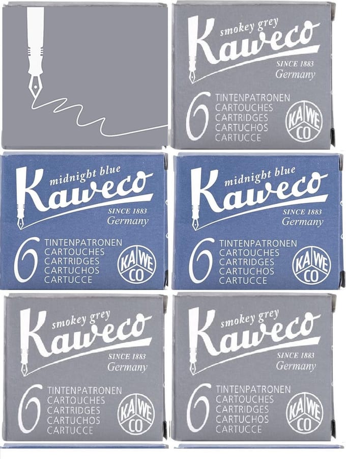 Kaweco Vulpen vullingen 6 doosjes, 4x Grijs, 2x Midnight Blue