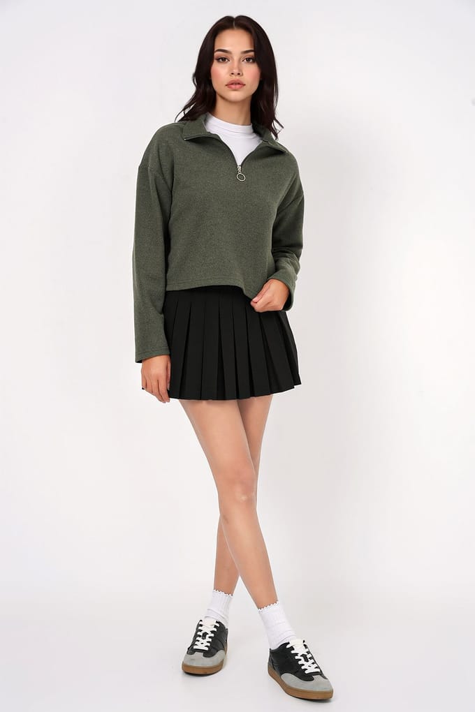 Ontspannen Fit Crop Sweater met Ritskraag