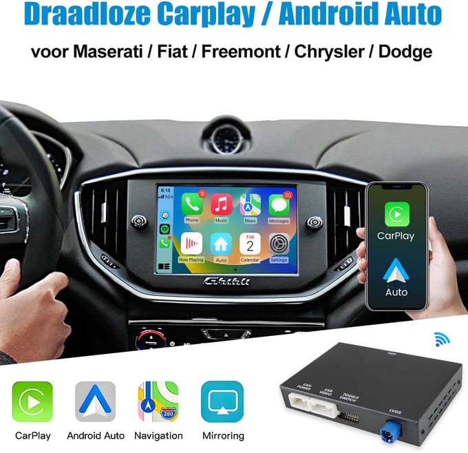 JUNSUN Draadloze CarPlay & Android Auto Geschikt voor Dodge, Chrysler, Maserati, Plug & Play, USB, WIFI, GPS Navigatie, Bluetooth en microfoon