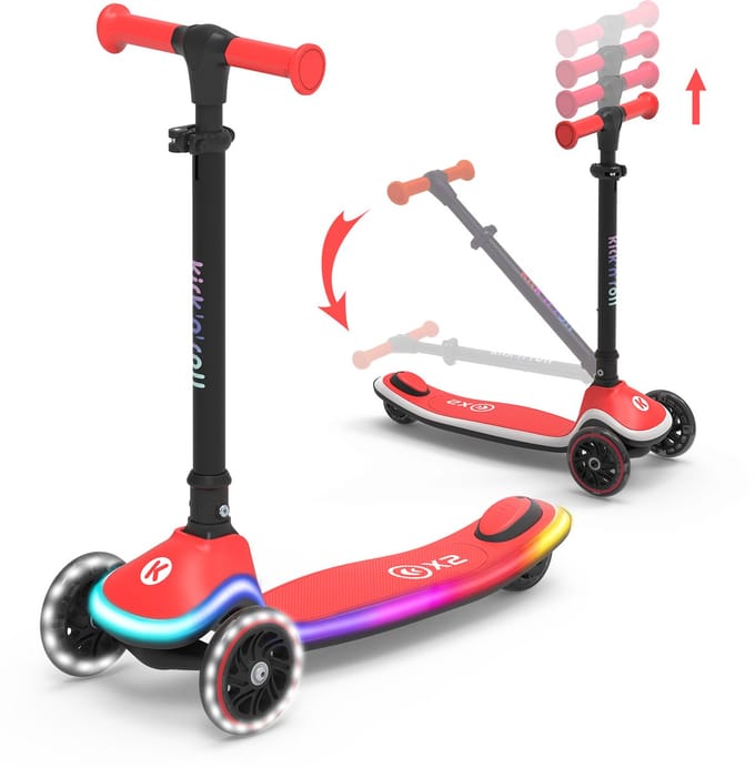 Kick'n'Roll X2 Kinderstep - Red, 3 wielen, LED-verlichting in het board, in hoogte verstelbaar.