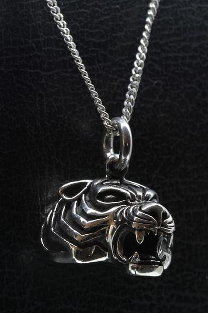 Zilveren Tijgerkop 3D ketting hanger