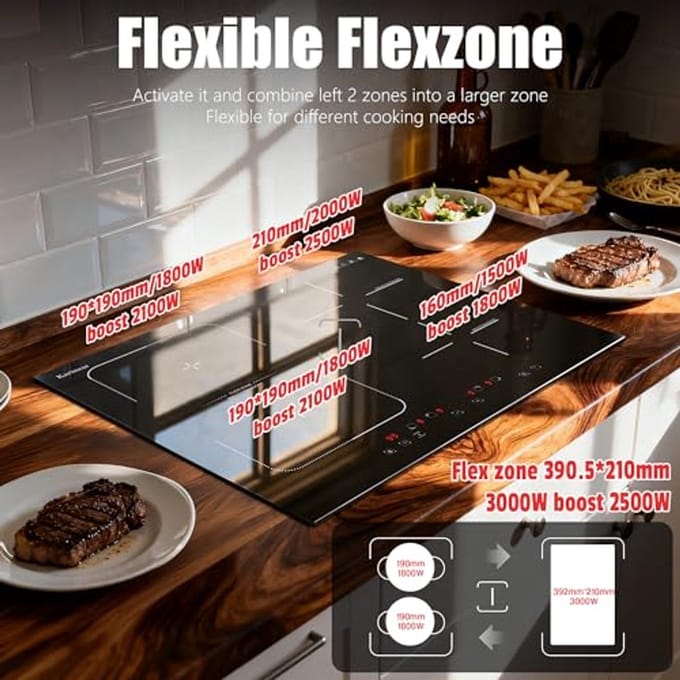 Inductiekookplaat 4 Zones met Flexzone en Touchscreen - 60 cm - Veiligheidsvergrendeling en Timer
