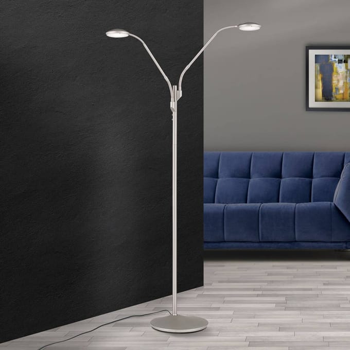 ORION LED vloerlamp Cobra, 2-lamps, nikkel-mat