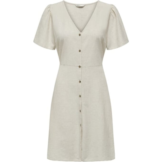 Only beige dames jurk   V-hals   Regular fit   Structuur patroon   Knoopsluiting   Duurzaam   Korte mouw Beige L