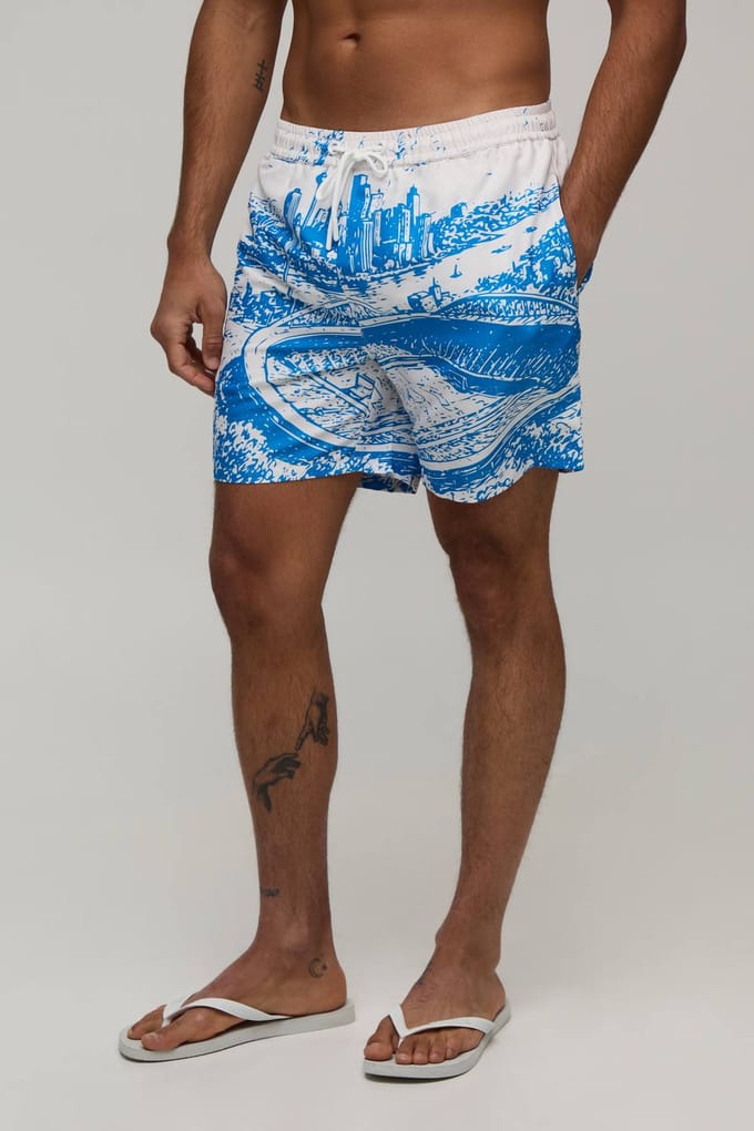 Football Stadium Cityscape Mid Length Swim Short | Blue | Size Small