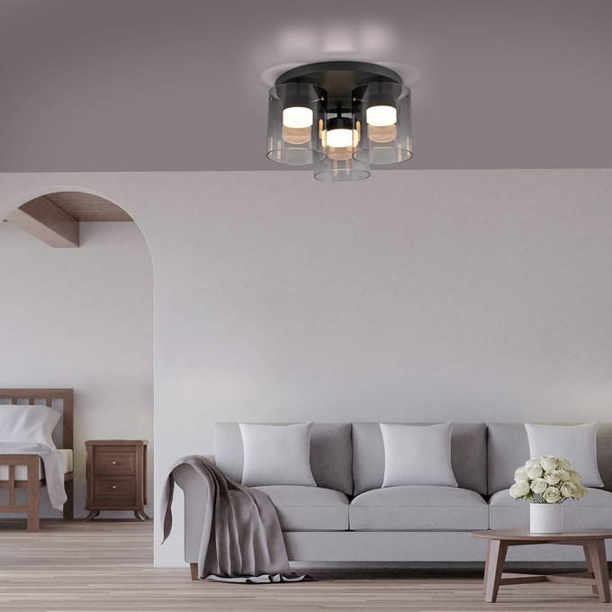 JUST LIGHT. GmbH JUST LIGHT. LED plafondlamp Elio rookglas, 3-lamps, zwart