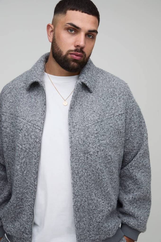 Plus Wool Look Regular Fit Collared Bomber Jacket | Grey | Size 2XL