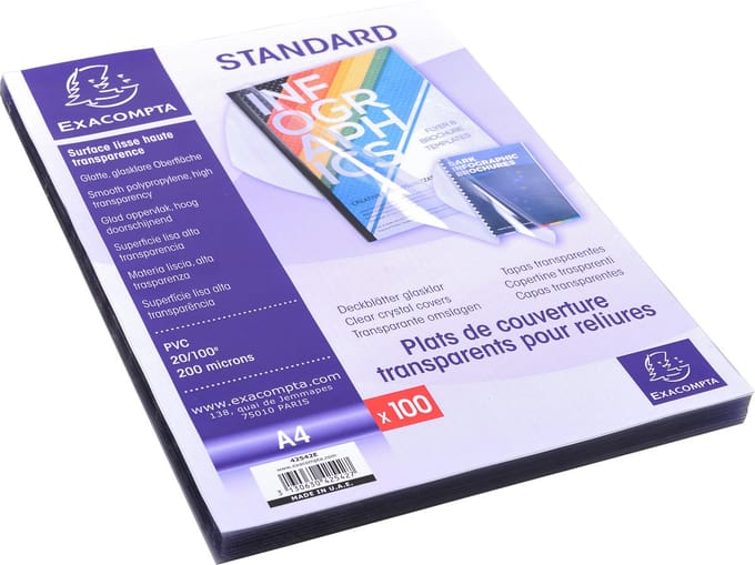Exacompta Pak van 100 transparante PVC kaften 20/100e voor A4 bindrug - Transparant - 42542E