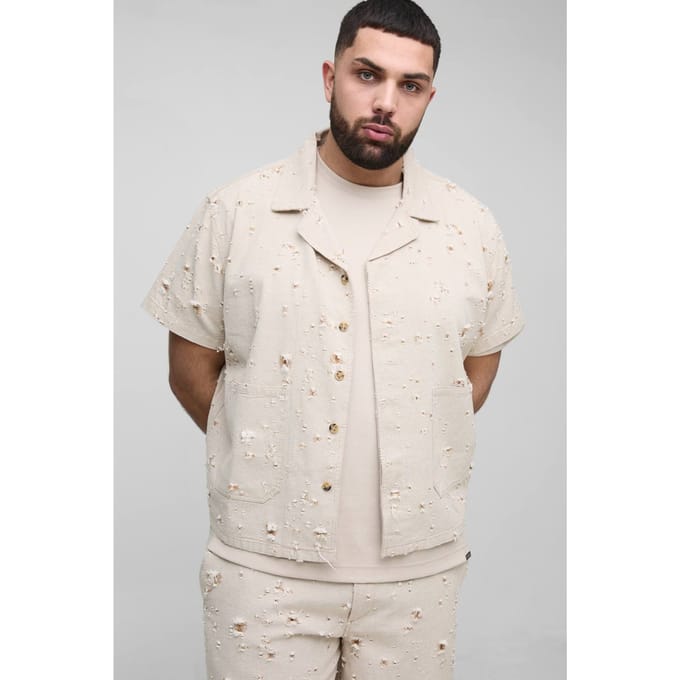 Plus Nibbled Denim Boxy Oversized Revere Shirt | Stone | Size 2XL