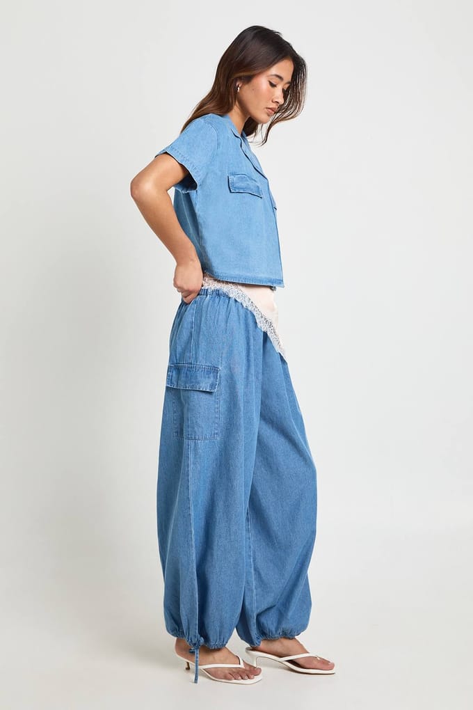 boohoo Dames Chambray Ballonbroek | Medium Gebleekt | Maat: 40