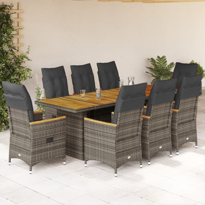 vidaXL - 9-delige - Bistroset - met - kussens - poly - rattan - grijs
