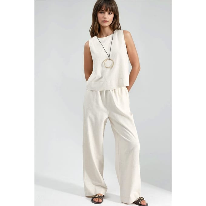 Linnen Mouwloze Blouse & Broek met Zakken Set