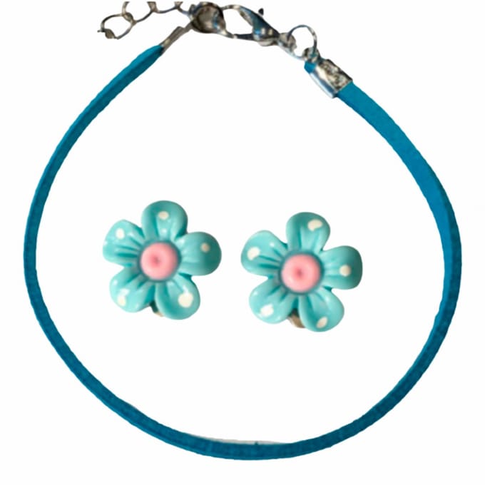 2 delig setje enkelbandje en oorclips bloem blauw