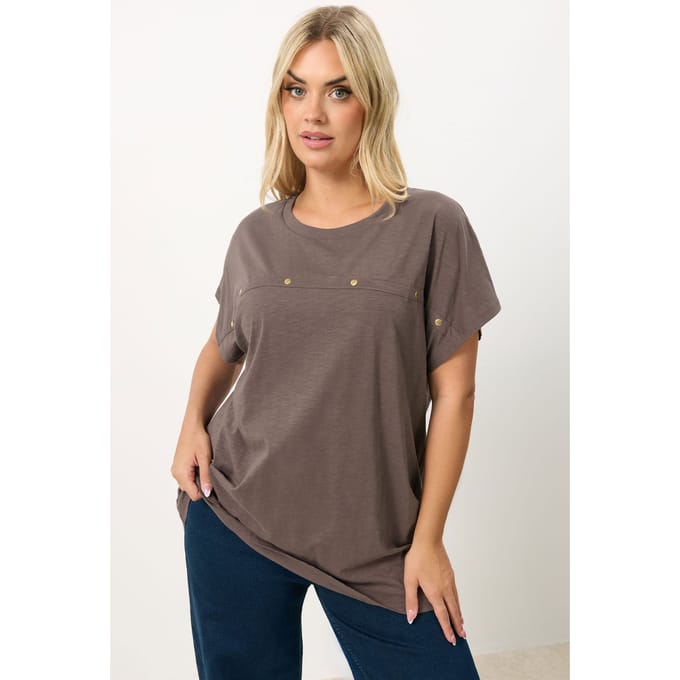 Yours Chocoladebruin Tshirt Met Studs En Aangegroeide Mouwen Size 50-52