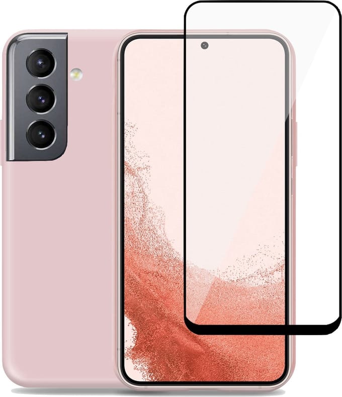 Hoesje geschikt voor Samsung S22 Plus + Screenprotector – Full Screen Tempered Glass - Liquid Back Case Cover Rose