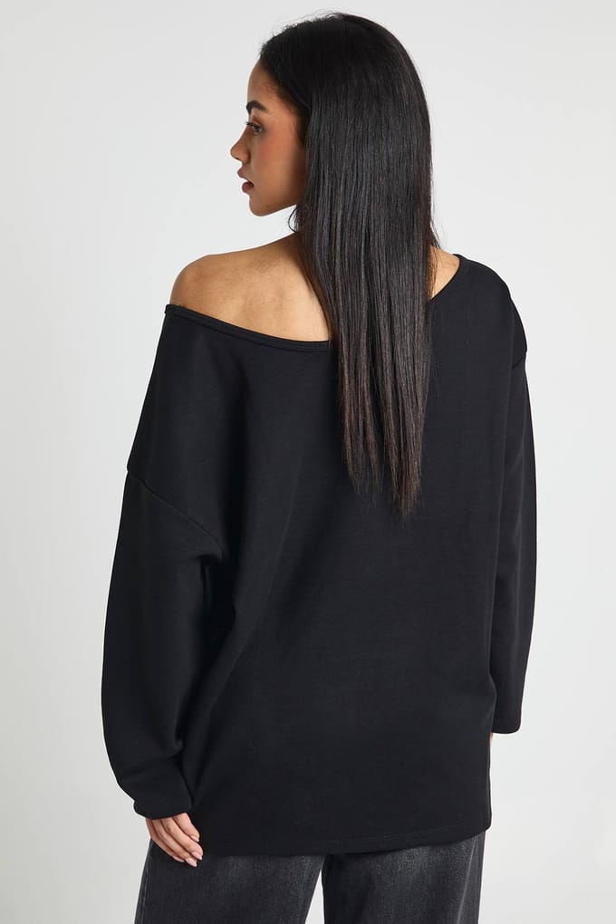boohoo Dames Lang Interlock Off-shoulder Sweatshirt | Black | Maat: Small