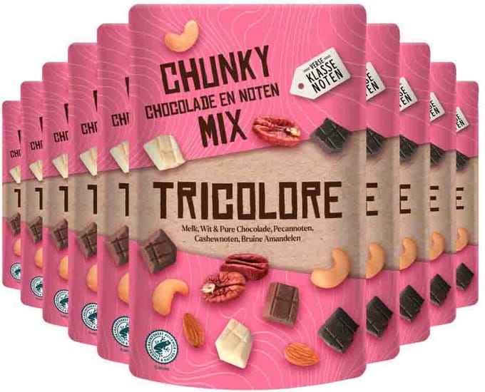 10x Verse Klassenoten Chunky Chocolade en Noten Mix Tricolore 150 gr
