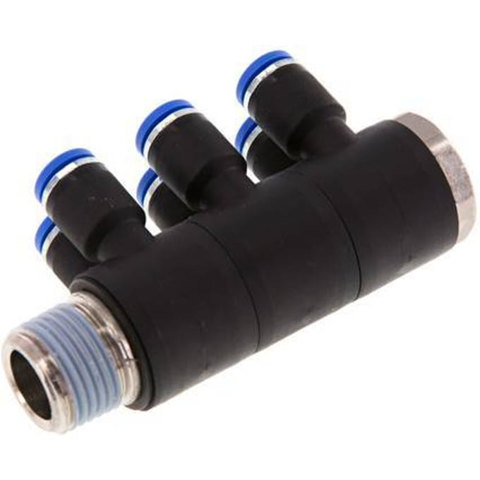 8mm x R1/2'' 6-way Manifold Messing/PA 66 Insteekfitting Buitendraad Draaibaar NBR