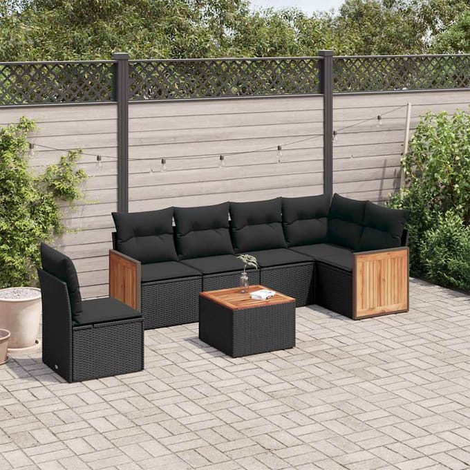 vidaXL - 7-delige - Loungeset - met - kussens - poly - rattan - zwart