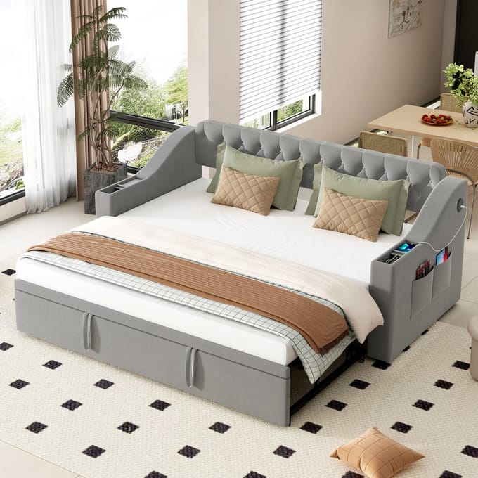 REDOM Bedframe 90x190 cm – Fluweel grijs – Met opbergruimte, USB & Type-C – Slaapbank