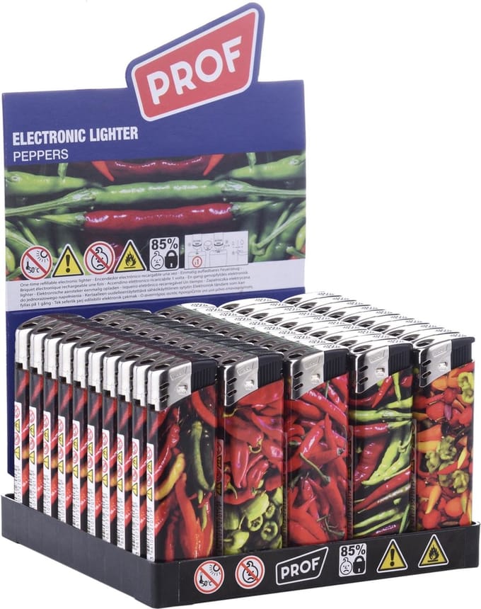 Prof Compacte wegwerpaansteker - Peppers design - 50 stuks - 8 x 2.4 x 1.2 cm
