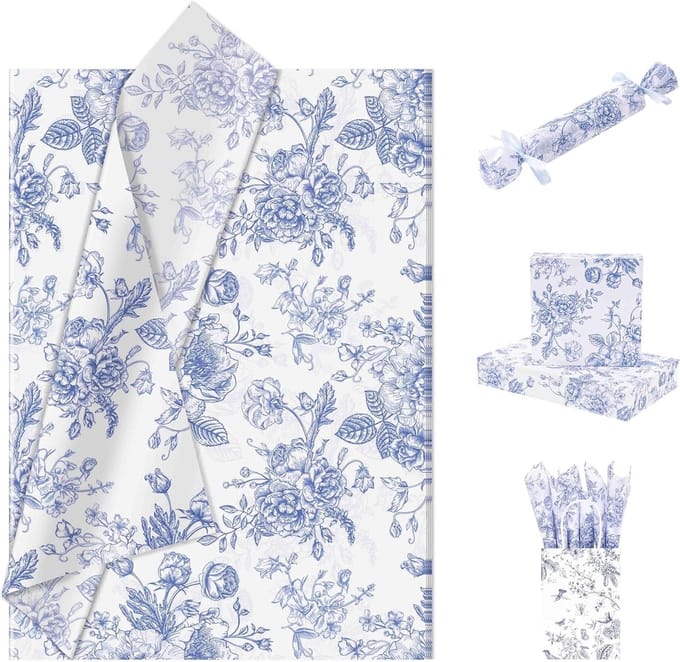Zijdepapier vintage bloemen blauw wit