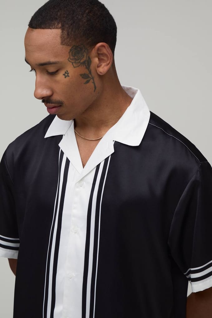 Oversized Short Sleeve Double Boarder Print Satin Shirt & Short Set | Black | Size Medium