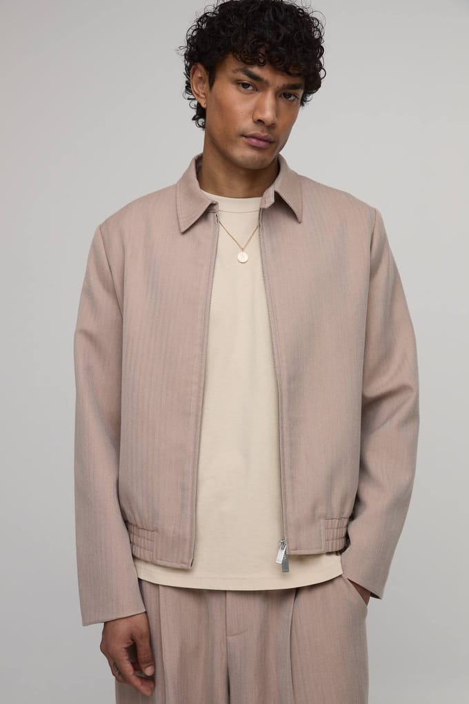 Herringbone Relaxed Fit Tailored Co-Ord Jacket | Taupe | Size Small