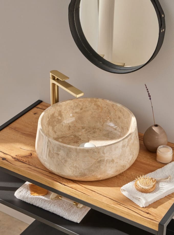 Natuursteen waskom rond beige 40x40x15 cm – Calvera opbouw