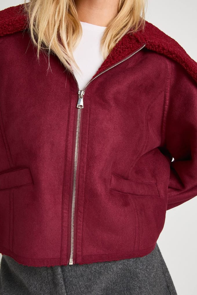 boohoo Dames Teddy Trim Nepsuede Aviator | Burgundy | Maat: 8
