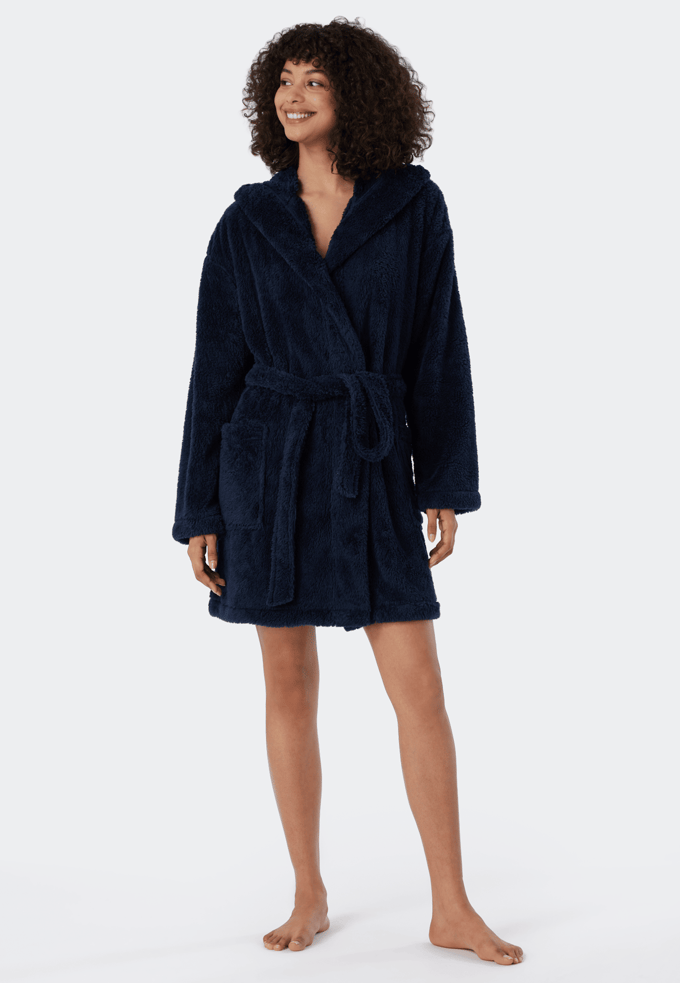 SCHIESSER Essentials badjas - dames kamerjas teddyfleece comfort fit donkerblauw