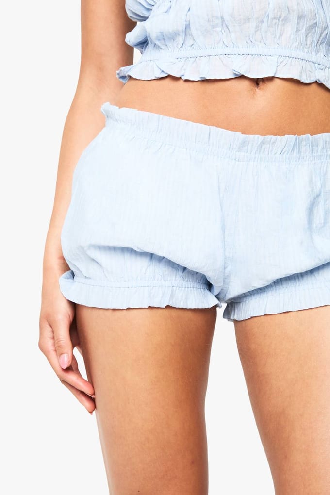 boohoo Dames Getextureerde streep-ruche shorts | Baby Blue | Maat: 6