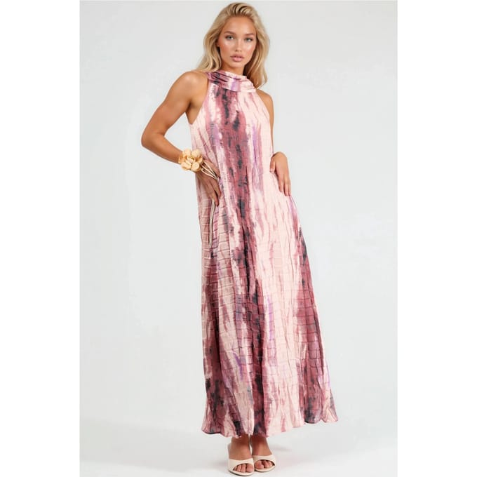 Textuur Abstract Patroon Maxi Jurk met Halterkraag