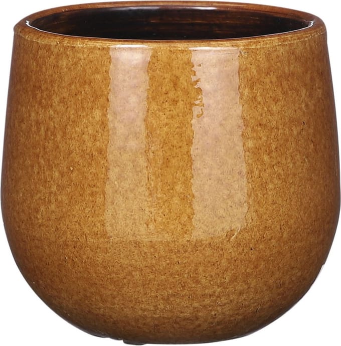 Mica Decorations Plantenpot/bloempot - keramiek - okergeel glans/spotted- D14/H12 cm
