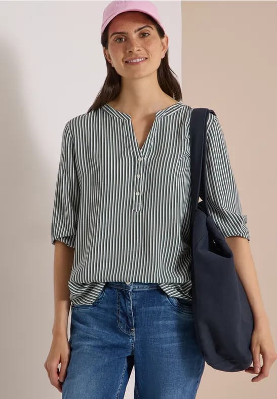 Blouse met 3/4-mouwen, split in de hals en strepen