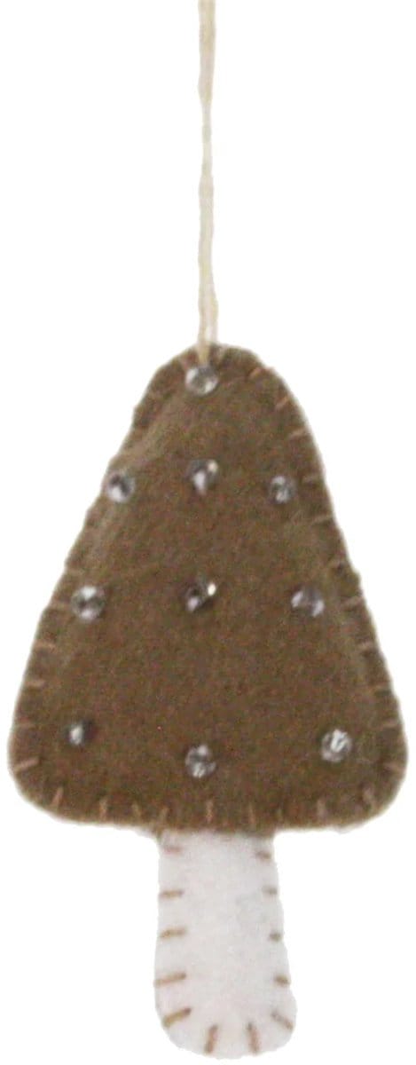 Paddestoel bruin (lang) met witte stippen, vilt 6cm