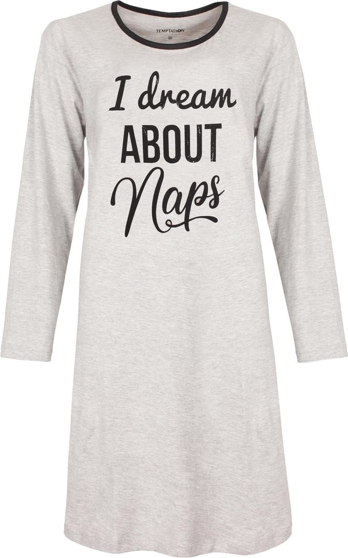 Temptation Dames Nachthemd - Bigshirt - I dream about naps Tekst - Licht Grijs - Maat M