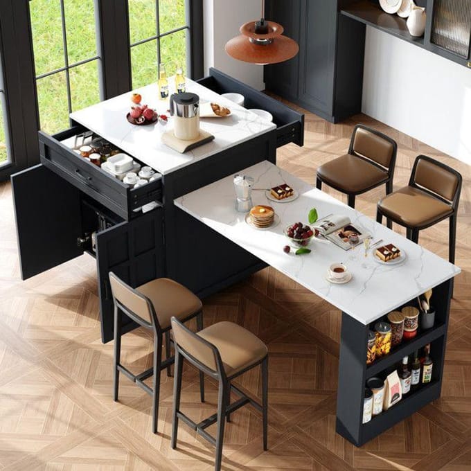 Bartafel - MUVOE - 133-202x70x93,5 cm - Telescopisch uitschuifbaar - 2 lades - 4 vakken zwart