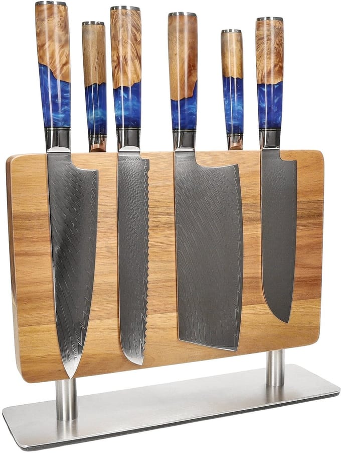 Shinrai Knives - Epoxy Sapphire 6-delige Messenset + Messenblok Stans - Vleesmes - Hakmes