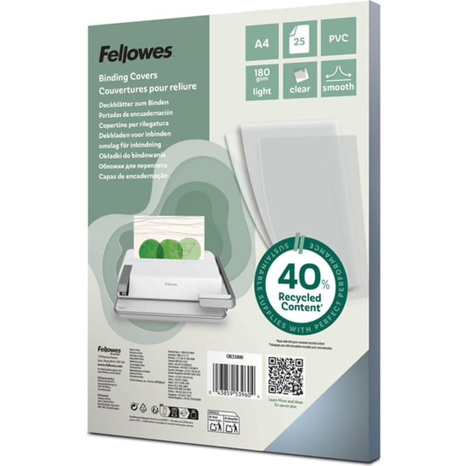Fellowes Schutbladen A4 – 180 Micron – Transparant PVC Covers – 25 Stuks – Voor Inbindmachine