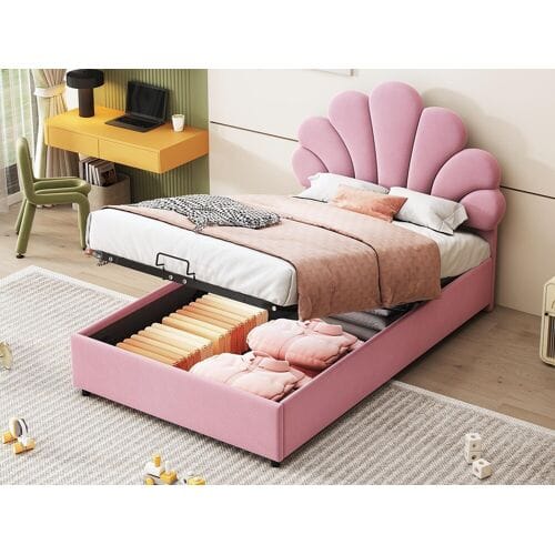 ModernLuxe Fluwelen gestoffeerd opbergbed - 90x200cm - Bloemenhoofdeinde - met lattenbodem - Roze