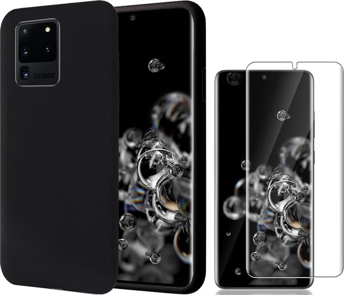 Hoesje geschikt voor Samsung S20 Ultra - Liquid Siliconen Case + Screen Protector - Zwart