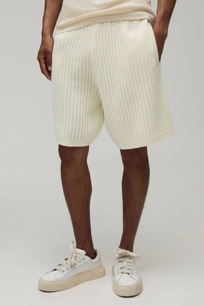 Ontspannen Geribbelde Gebreide Short | Ecru | Size Small
