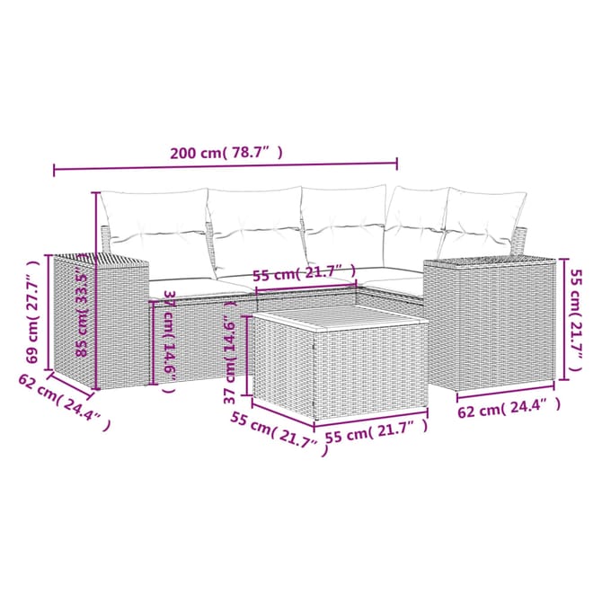 vidaXL - 5-delige - Loungeset - met - kussens - poly - rattan - beige