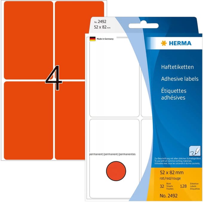 Herma etiketten stickers - rood - 52 x 82 mm - 256x stickers - permanent hechtend
