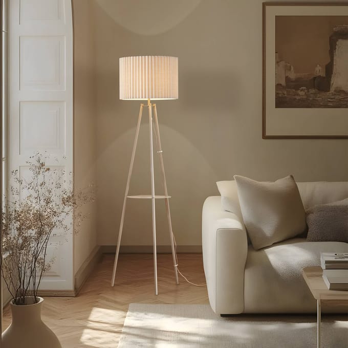 Lindby - vloerlamp- Driepoot - - 1licht - Linnen, metaal - H: 155 cm - E27 - crèmekleurig