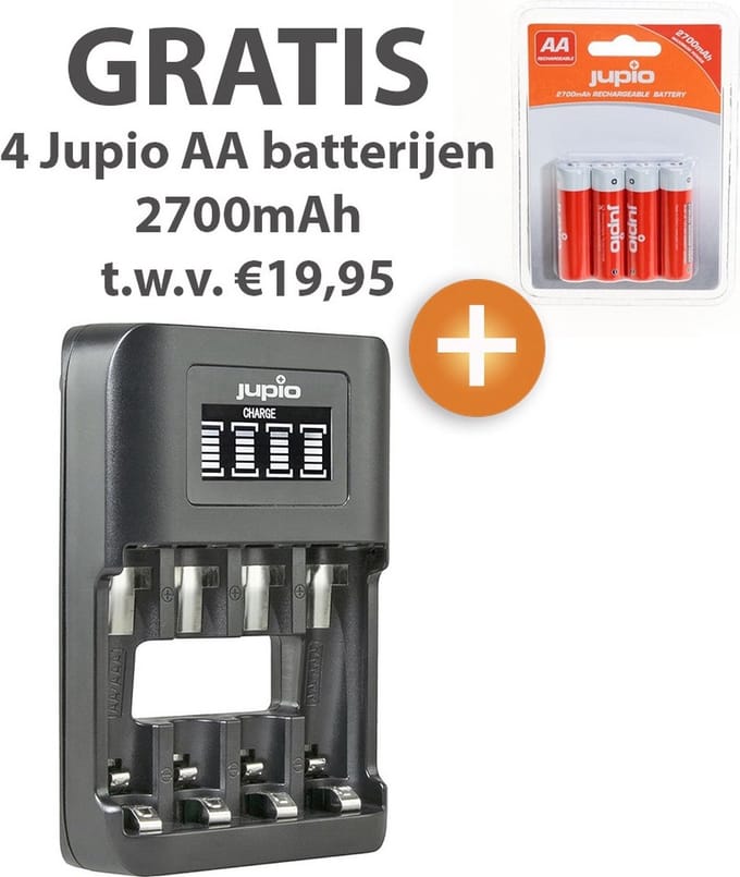 Jupio USB 4-slots UltraFast AA/AAA batterijlader + gratis Jupio 4-pack 2700mAh AA batterijen
