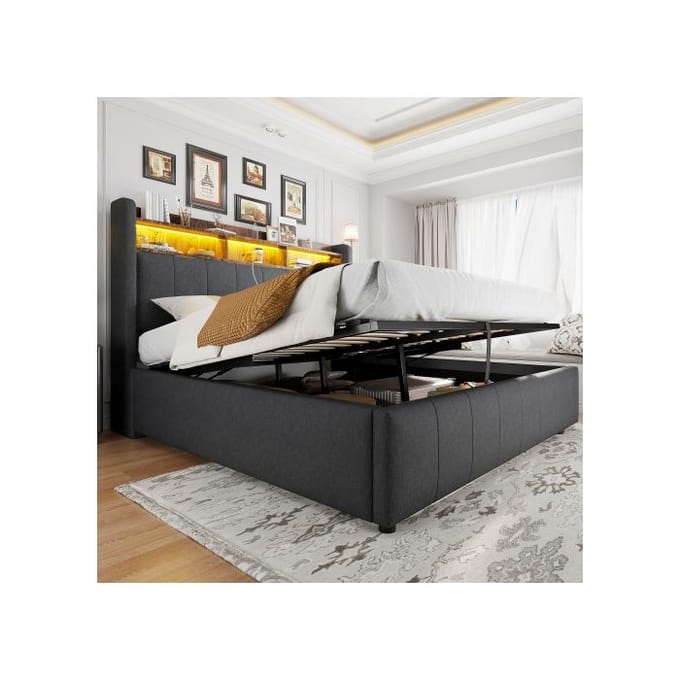 Lit capitonné - MUVOE - 160x200 cm - Éclairage LED - Prise USB - Rangement intégré gris