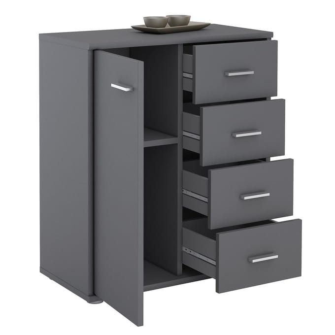 Commode TIRANO met 1 deur en 4 lades - grijs