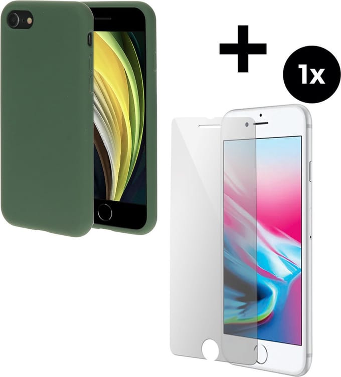 Mobiparts Silicone Cover hoesje geschikt voor Apple iPhone 8 met 1 Screenprotector van Gehard Glas - Groen